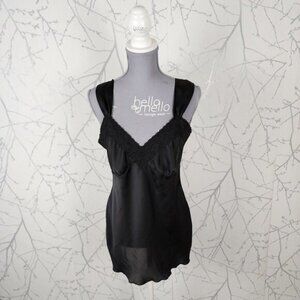 Nine West Black Satin Lace Trim Babydoll Slip Dress
